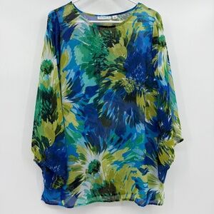Susan Graver Top Women Small Blue Green Sheer 3/4 Sleeves Cold Shoulder Floral